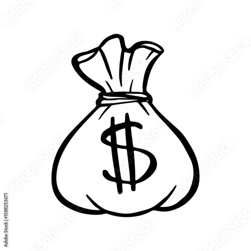 Money bag doodle drawing, isolated, vector illustration, sketch style,  black line on a white background