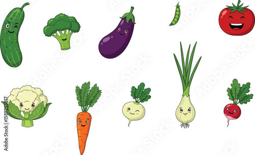 Cute cartoon vegetables collection, smiling cucumber, broccoli, eggplant, tomato, carrot, cauliflower, radish, onion, kohlrabi, pea pod, vector illustration