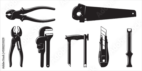 Various tools including pliers saw wrench chisel and cutter