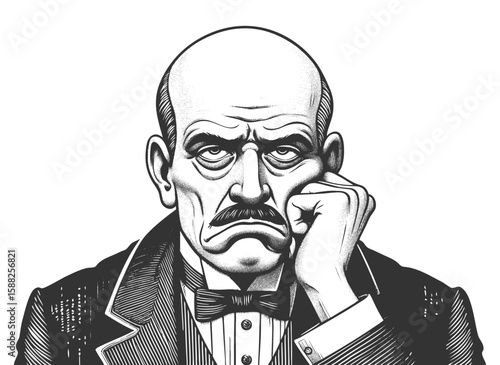older bald man in formal attire with frustrated, grumpy expression, resting his head on his hand sketch engraving generative ai fictional character vector illustration. Scratch board. Black and white.
