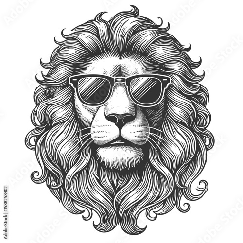 majestic lion with a full flowing mane, wearing stylish sunglasses, blending elegance and attitude sketch engraving generative ai vector illustration. Scratch board imitation. Black and white image.