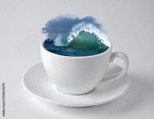 A conceptual image featuring a wave inside a teacup on a saucer. Creative concept, surreal, dreams, ideas. Suitable for blogs, articles, and advertising.