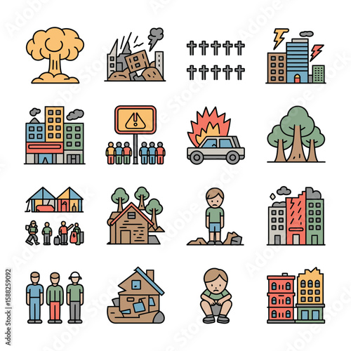 Colorful Line Icons Depicting Various Natural Disasters and Their Impact Including Nuclear Explosion Earthquake Burning Car Building Collapse Forest Fire Refugee Camp and Sad People
