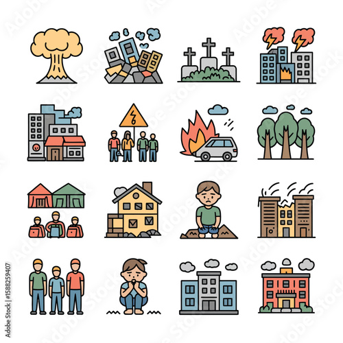 Collection of Colorful Line Icons Depicting Natural Disasters Earthquake Volcanic Eruption Wildfire Building Collapse and Human Reactions to Disaster Scenes Showing Sadness