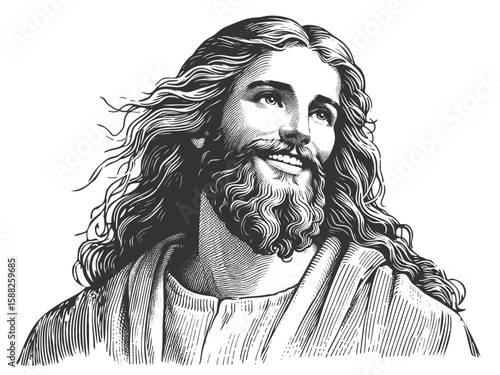 Jesus Christ smiling, surrounded by radiant circular halo lines sketch engraving generative ai fictional character vector illustration. Scratch board imitation. Black and white image.