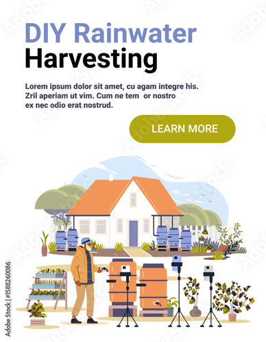 DIY rainwater harvesting home garden water barrels man recording video camera tripod plants outdoor sustainable living concept website banner