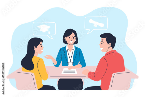 An education counselor or academic advisor meets with students to discuss college applications, graduation paths, and future career goals