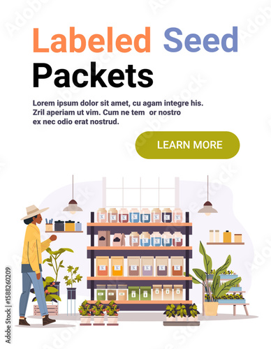 Labeled seed packets store shelves indoor plants customer shopping colorful packaging modern shop interior decorative greenery flat design