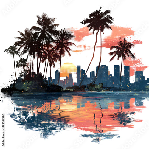 A serene illustration features a tropical cityscape at sunset with palm trees and colorful reflections on calm water, transparent background