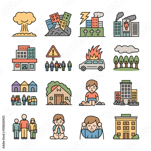 Colorful Line Art Icons Depicting Natural Disasters Earthquake Volcanic Eruption Fire Flood Building Collapse Refugee Camp and People Experiencing Distress and Grief