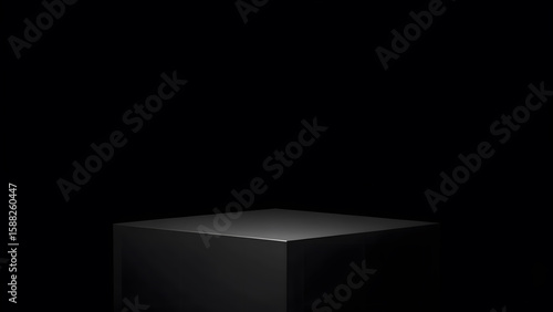 Minimalist black cube pedestal with dramatic spotlight illumination on a dark background