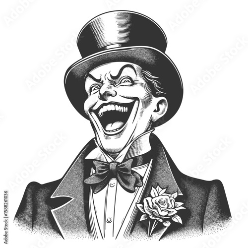 sinister man with a wide grin, top hat, and exaggerated features in formal attire sketch engraving generative ai fictional character vector illustration. Scratch board imitation. Black and white.