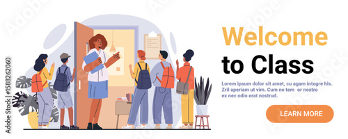 Teacher welcoming students back to school classroom entrance group diverse children backpacks indoor plants modern flat website banner