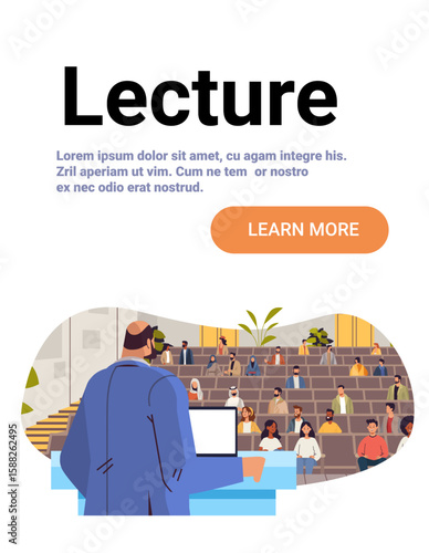 Lecture hall university professor teaching diverse students classroom audience academic education scene modern interior website banner