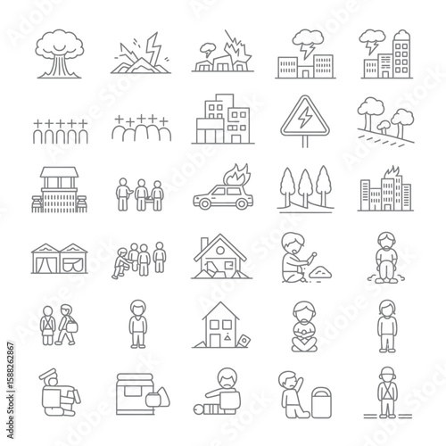 Collection of thirty black and white linear icons depicting various natural disasters and their impact on people and buildings including earthquakes volcanoes fires floods and