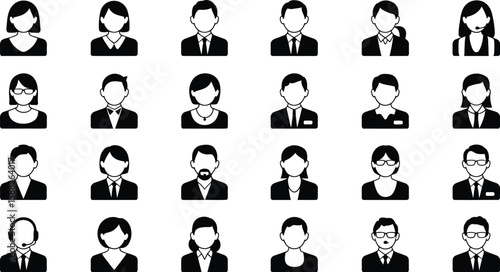 A collection of twenty four black and white faceless business avatar icons set up
