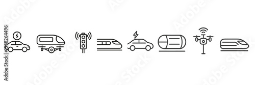 Illustrations of various modes of transport and traffic signals in a modern urban setting showing innovation and technology