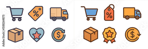 Icons representing shopping, delivery, and promotions for online retail in a clean and modern design