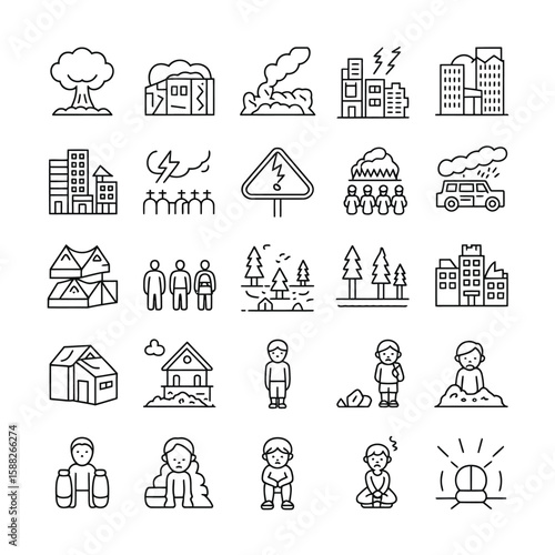 Collection of Linear Icons Depicting Disaster Scenes Natural Disasters Buildings Destruction People Experiencing Distress and Aftermath Scenes Including Nuclear Explosion Fire