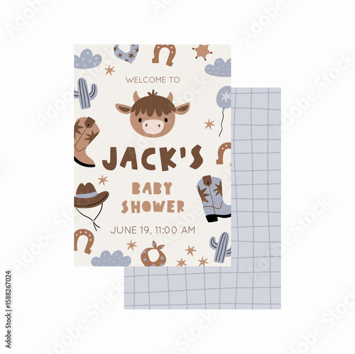 Cute Baby Cowboy accessories set. Western boots, shoes, hat, plants, animals.. American country fashion fo little kids. Flat style vector illustration. Baby Shower Cowboy Invitation