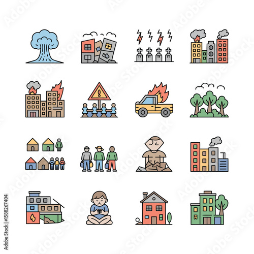 Colorful Vector Icons Depicting Natural Disasters Urban Destruction and Human Displacement Showing Buildings on Fire Earthquakes Floods a Burning Truck People Evacuating and