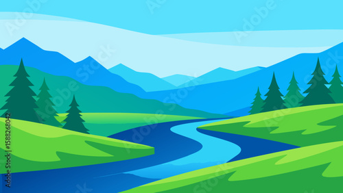 Peaceful Summer Landscape with River and Hills