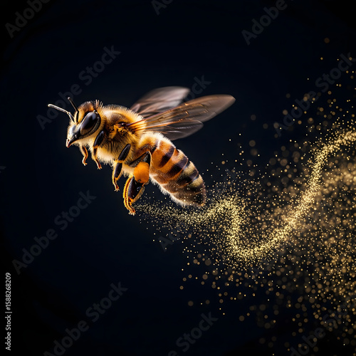 A honey bee flying with a trail of golden glitter. A magical and fantasy nature concept.