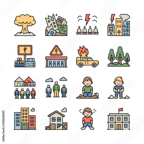 Colorful Vector Icons Depicting Natural Disasters Earthquake Volcanic Eruption Fire Flood Building Collapse Power Outage People Evacuating Sad Children
