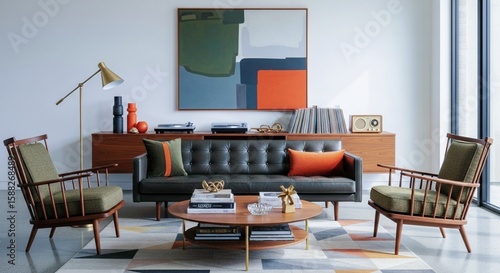 A stylish living room showcases a sleek black sofa with colorful cushions, mid-century chairs, a wooden media console, and vibrant art. The space is bright and inviting, perfect for relaxation.