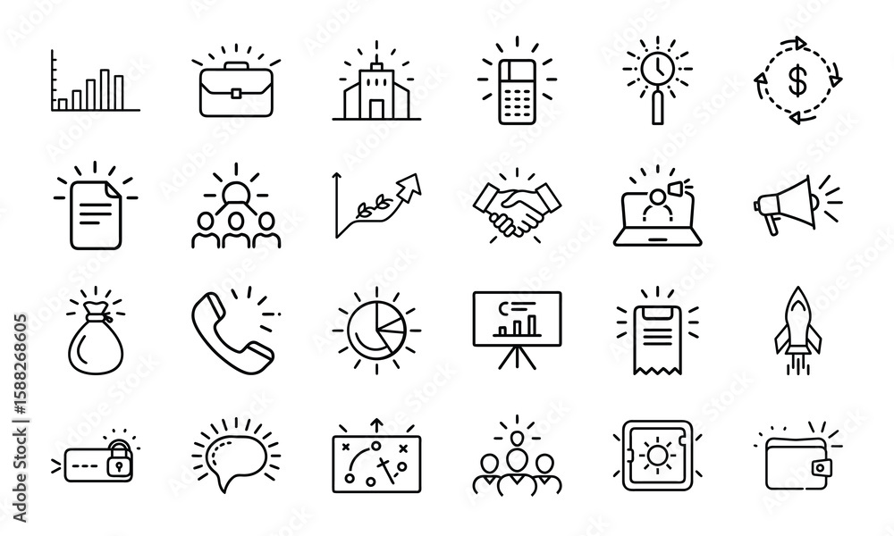 Fototapeta premium Line Style Business and Finance Icon Set Featuring Graphs, Marketing, Strategy, Money, Communication, and Technology Symbols for Corporate Use and Presentations