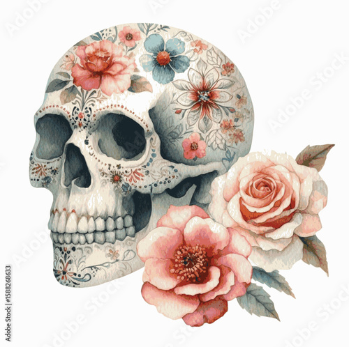 Ephemeral Crown Day of the Dead Skull decorated with flowers isolated watercolor vector illustration svg