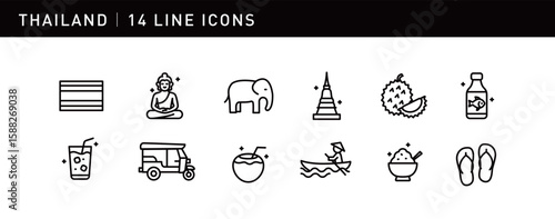 14 elegant icons showcase Thai culture, including elephants, Buddha statues, Thai drinks, temples, and durian, capturing tropical nature and tradition.