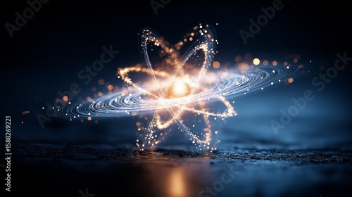 quantum computing entanglement concept. Abstract atom representation with glowing particles and motion.