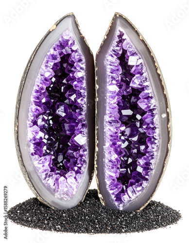 Halved geode revealing brilliant amethyst crystals. Symbolizes inner beauty, hidden treasure, and spiritual awakening. Great for wellness, geology, or metaphysical themes.