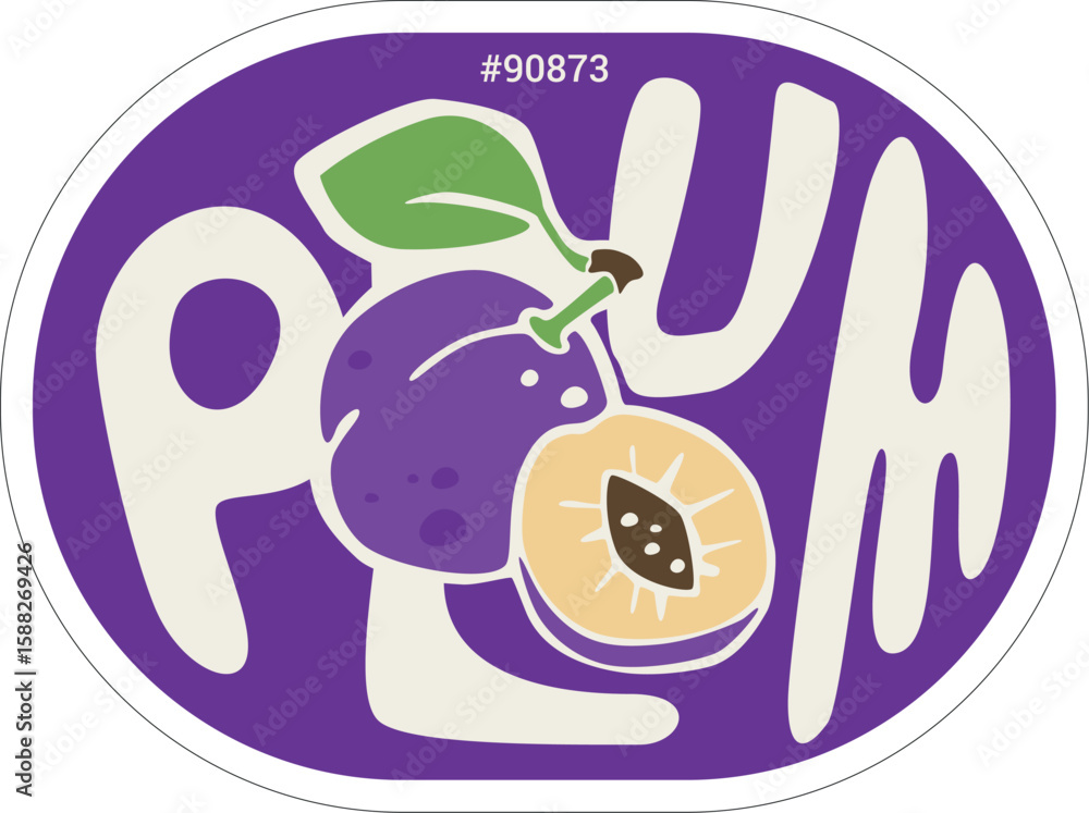 Obraz premium Plum Hand Drawn Lettering Custom Produce Sticker Design Template PLU Code. Vector Package Peeled Tag