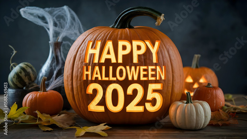 Glowing carved pumpkin with happy halloween  2025 message and autumn foliage orange