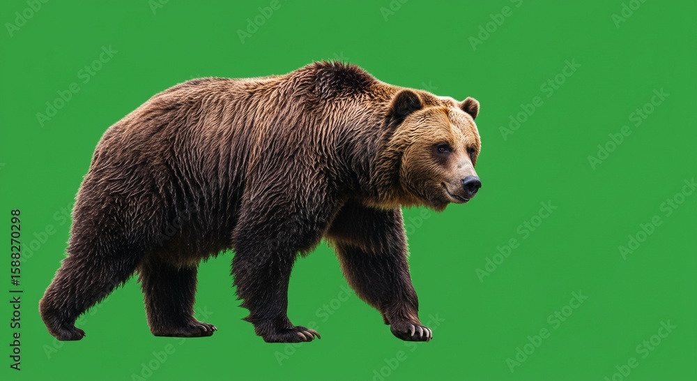 Obraz premium Brown bear walking green background