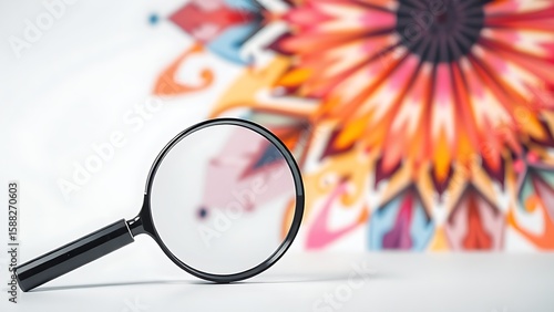 A magnifying glass placed beside a colorful abstract pattern, set against a clean white background.