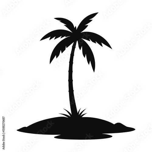 Black silhouette of a single palm tree on a small island tropical nature