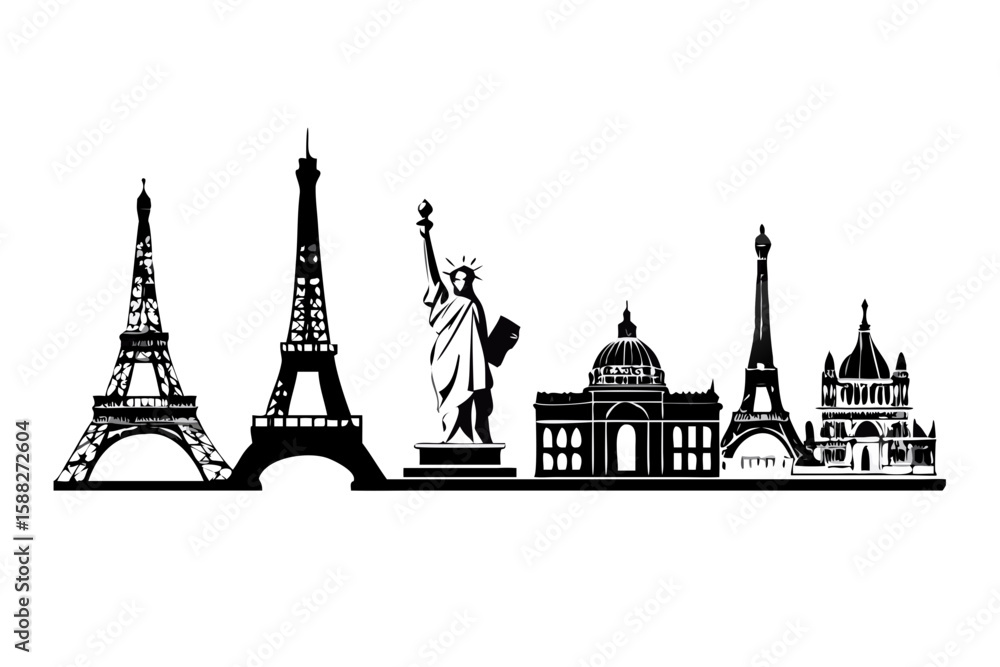 Obraz premium Iconic world landmarks silhouette collection featuring eiffel tower statue of liberty and capitol building