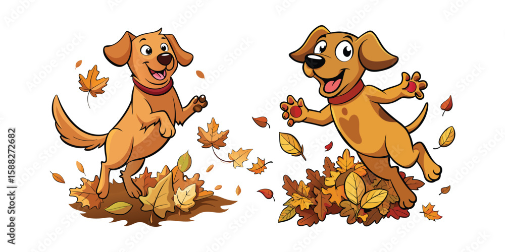 Fototapeta premium Playful Cartoon Labrador Jumping Into Colorful Leaf Pile, Vector Art Illustration, Cute Dog with Spread Paws, Autumn Theme, White Background, Fun Pet Design