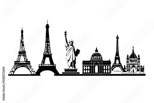 Iconic world landmarks silhouette collection featuring eiffel tower statue of liberty and capitol building