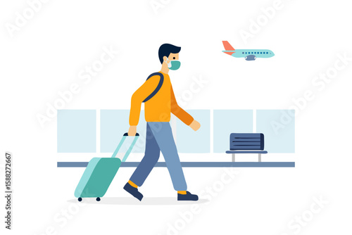 Man wearing face mask walking with luggage at airport with airplane flying overhead