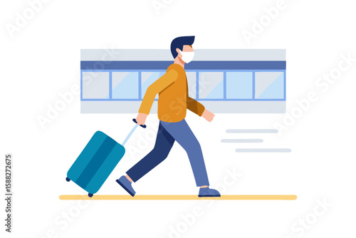 Man wearing face mask pulling luggage walking in airport terminal