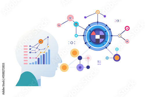 Abstract representation of data analysis and artificial intelligence within a human head