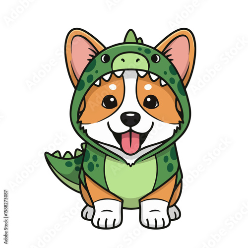 Charming corgi puppy dressed in a green dinosaur costume smiles playfully, a delightful and whimsical cartoon illustration.
