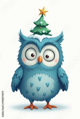 Charming blue owl with a Christmas tree hat celebrates the festive season