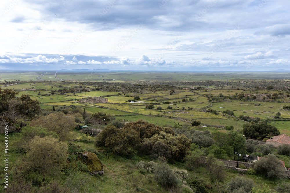 Obraz premium Dehesa landscape with cloudy sky showing green meadows and holm oaks in extremadura, spain