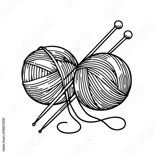 Minimalistic linear illustration of balls of yarn, skeins and threads. Hand drawn. Concept of knitting, handmade products and cozy hobbies. Black outline on white background, DIY and needlework.