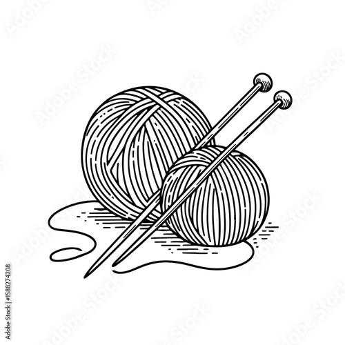 Minimalistic linear illustration of balls of yarn, skeins and threads. Hand drawn. Concept of knitting, handmade products and cozy hobbies. Black outline on white background, DIY and needlework.